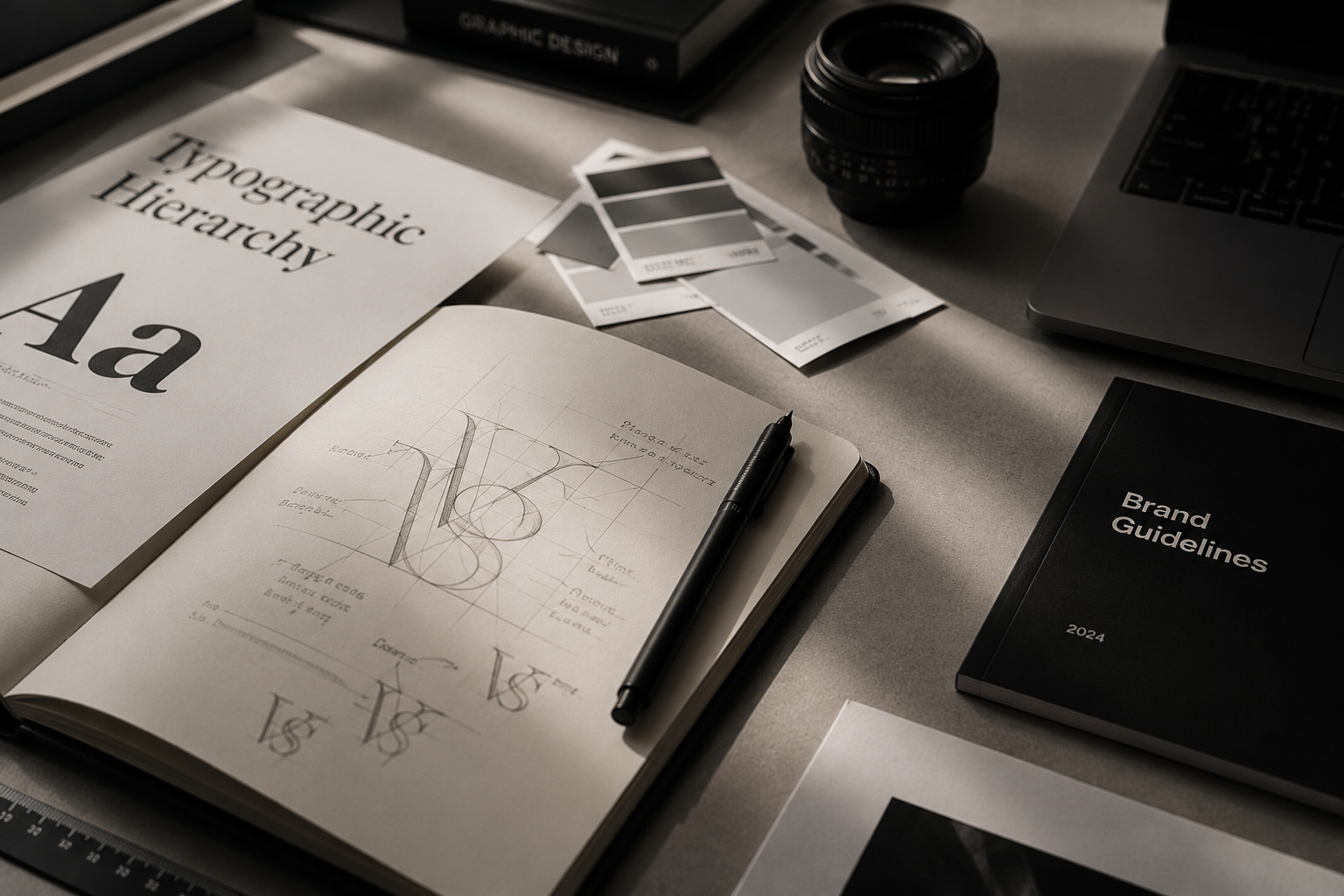 Designer's workspace with typographic hierarchy sheets, logo sketches, colour swatches and brand guidelines